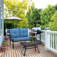 2 Piece Outdoor Loveseat Set, 47 in Cushioned Steel Bench Rated 550 lb with 5 in Blue Olefin Cushions and 36 in Hollow Top Coffee Table