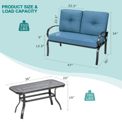 2 Piece Outdoor Loveseat Set, 47 in Cushioned Steel Bench Rated 550 lb with 5 in Blue Olefin Cushions and 36 in Hollow Top Coffee Table