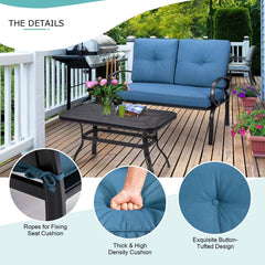 2 Piece Outdoor Loveseat Set, 47 in Cushioned Steel Bench Rated 550 lb with 5 in Blue Olefin Cushions and 36 in Hollow Top Coffee Table