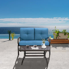 2 Piece Outdoor Loveseat Set, 47 in Cushioned Steel Bench Rated 550 lb with 5 in Blue Olefin Cushions and 36 in Hollow Top Coffee Table