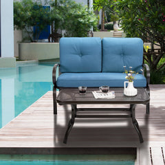 2 Piece Outdoor Loveseat Set, 47 in Cushioned Steel Bench Rated 550 lb with 5 in Blue Olefin Cushions and 36 in Hollow Top Coffee Table
