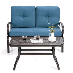 2 Piece Outdoor Loveseat Set, 47 in Cushioned Steel Bench Rated 550 lb with 5 in Blue Olefin Cushions and 36 in Hollow Top Coffee Table