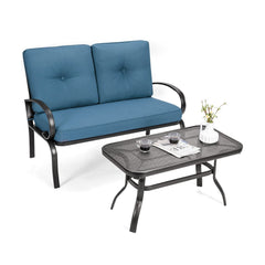 2 Piece Outdoor Loveseat Set, 47 in Cushioned Steel Bench Rated 550 lb with 5 in Blue Olefin Cushions and 36 in Hollow Top Coffee Table