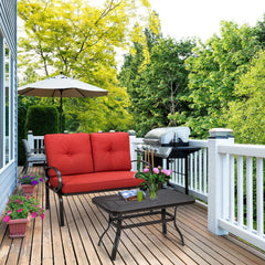 2 Piece Outdoor Loveseat Set, 47 in Cushioned Steel Bench Rated 550 lb with 5 in Red Olefin Cushions and 36 in Hollow Top Coffee Table