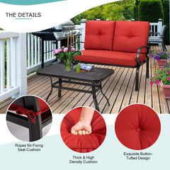 2 Piece Outdoor Loveseat Set, 47 in Cushioned Steel Bench Rated 550 lb with 5 in Red Olefin Cushions and 36 in Hollow Top Coffee Table