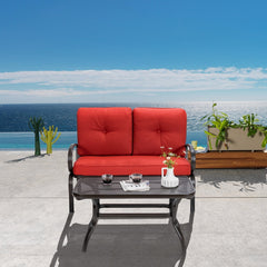 2 Piece Outdoor Loveseat Set, 47 in Cushioned Steel Bench Rated 550 lb with 5 in Red Olefin Cushions and 36 in Hollow Top Coffee Table