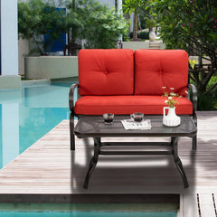 2 Piece Outdoor Loveseat Set, 47 in Cushioned Steel Bench Rated 550 lb with 5 in Red Olefin Cushions and 36 in Hollow Top Coffee Table