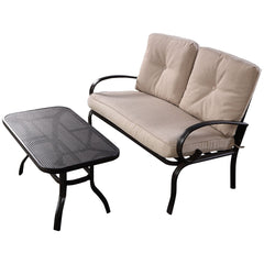 2 Piece Outdoor Loveseat Set, 47 in Cushioned Steel Bench Rated 550 lb with 5 in Beige Olefin Cushions and 36 in Hollow Top Coffee Table