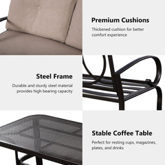2 Piece Outdoor Loveseat Set, 47 in Cushioned Steel Bench Rated 550 lb with 5 in Beige Olefin Cushions and 36 in Hollow Top Coffee Table