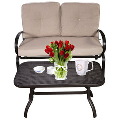 2 Piece Outdoor Loveseat Set, 47 in Cushioned Steel Bench Rated 550 lb with 5 in Beige Olefin Cushions and 36 in Hollow Top Coffee Table