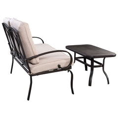 2 Piece Outdoor Loveseat Set, 47 in Cushioned Steel Bench Rated 550 lb with 5 in Beige Olefin Cushions and 36 in Hollow Top Coffee Table