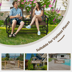 2 Person Outdoor Glider Loveseat with Centre Tempered Glass Table, 57 in Brown Mesh Bench Rated 530 lb