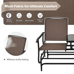 2 Person Outdoor Glider Loveseat with Centre Tempered Glass Table, 57 in Brown Mesh Bench Rated 530 lb