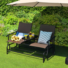 2 Person Outdoor Glider Loveseat with Centre Tempered Glass Table, 57 in Brown Mesh Bench Rated 530 lb