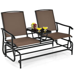 2 Person Outdoor Glider Loveseat with Centre Tempered Glass Table, 57 in Brown Mesh Bench Rated 530 lb