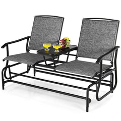 2 Person Outdoor Glider Loveseat with Centre Tempered Glass Table, 57 in Grey Mesh Bench Rated 530 lb