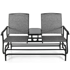 2 Person Outdoor Glider Loveseat with Centre Tempered Glass Table, 57 in Grey Mesh Bench Rated 530 lb