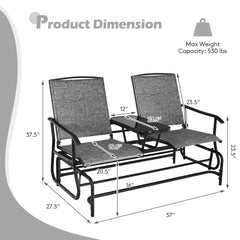 2 Person Outdoor Glider Loveseat with Centre Tempered Glass Table, 57 in Grey Mesh Bench Rated 530 lb