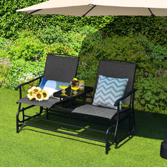 2 Person Outdoor Glider Loveseat with Centre Tempered Glass Table, 57 in Grey Mesh Bench Rated 530 lb