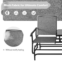 2 Person Outdoor Glider Loveseat with Centre Tempered Glass Table, 57 in Grey Mesh Bench Rated 530 lb
