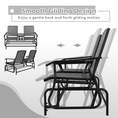 2 Person Outdoor Glider Loveseat with Centre Tempered Glass Table, 57 in Grey Mesh Bench Rated 530 lb