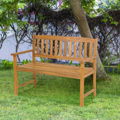 2-Person Patio Acacia Wood Bench with Backrest and Armrests