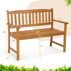 2-Person Patio Acacia Wood Bench with Backrest and Armrests