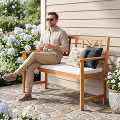 2-Person Patio Acacia Wood Garden Chair with Removable Seat Cushion-Natural&White