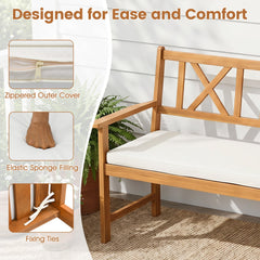 2-Person Patio Acacia Wood Garden Chair with Removable Seat Cushion-Natural&White