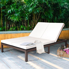 Two Person Rattan Double Lounge Chair with Separate Backrests and Wheels, White