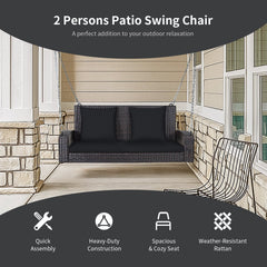 2-Person Patio Rattan Porch Swing with Cushions-Black