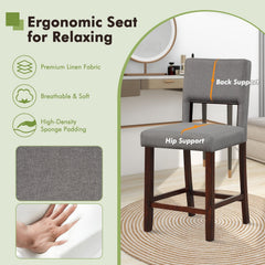 Set of 2 Grey Linen Counter Height Bar Chairs, 24.5 Inch Seat Height, Hollow Back, 400 lb Rating