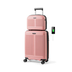 2-Piece Luggage Set 20 Inch Carry-on Suitcase and 14 Inch Cosmetic Case-Pink
