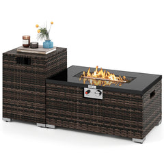 2-Piece Outdoor Rattan Fire Table Set 32 Inch Rectangle Gas Firepit with Tank Cover-Brown