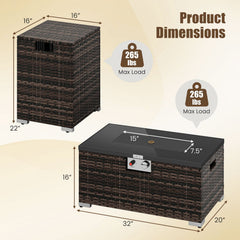 2-Piece Outdoor Rattan Fire Table Set 32 Inch Rectangle Gas Firepit with Tank Cover-Brown