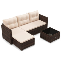 L Shaped Outdoor Wicker Sofa Set with Chaise and Glass Coffee Table, 75 Inch Sectional, Beige Cushions