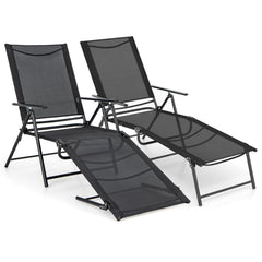 Set of 2 Folding Chaise Lounge Recliners with 6 Level Backrests, Black