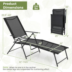 Set of 2 Folding Chaise Lounge Recliners with 6 Level Backrests, Black