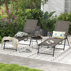 Set of 2 Folding Chaise Lounge Recliners with 2 Level Footrests, Coffee
