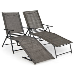 Set of 2 Folding Chaise Lounge Recliners with 2 Level Footrests, Coffee