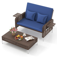 2 Piece Patio Rattan Daybed, Wicker Loveseat and 15 Gallon Storage Ottoman, 4 Level Adjustable Backrest, Navy