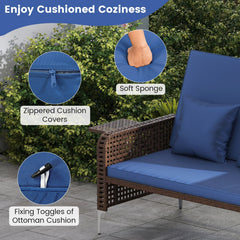 2 Piece Patio Rattan Daybed, Wicker Loveseat and 15 Gallon Storage Ottoman, 4 Level Adjustable Backrest, Navy