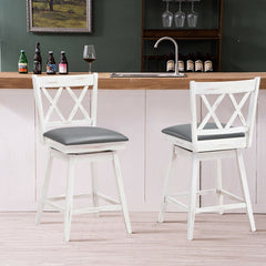 Set of 2 Antique White Swivel Counter Stools with X Back, 25 Inch Seat Height, Grey Padded Seat