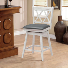Set of 2 Antique White Swivel Counter Stools with X Back, 25 Inch Seat Height, Grey Padded Seat