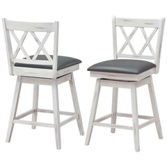 Set of 2 Antique White Swivel Counter Stools with X Back, 25 Inch Seat Height, Grey Padded Seat
