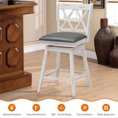 Set of 2 Antique White Swivel Counter Stools with X Back, 25 Inch Seat Height, Grey Padded Seat