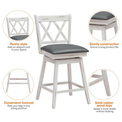 Set of 2 Antique White Swivel Counter Stools with X Back, 25 Inch Seat Height, Grey Padded Seat