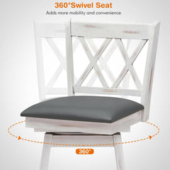 Set of 2 Antique White Swivel Counter Stools with X Back, 25 Inch Seat Height, Grey Padded Seat