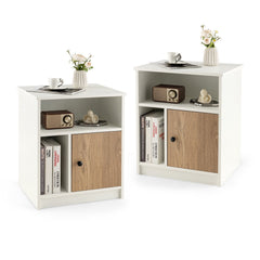2 Piece 25 Inch Tall Nightstands with Door and 2 Open Shelves, White