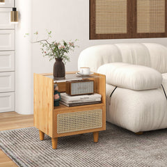 2 Piece Bamboo Rattan Nightstand with Glass Top and Drawer, Natural